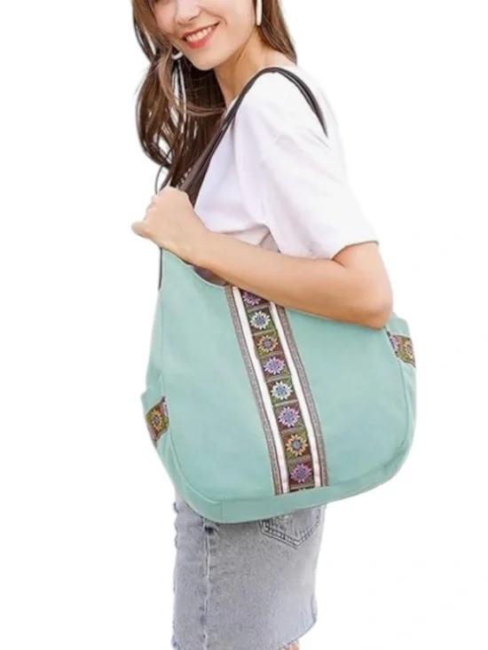 Bohemian Embroidered Tote Bag w/ side pockets Aqua Turquoise color NWT - Picture 2 of 4